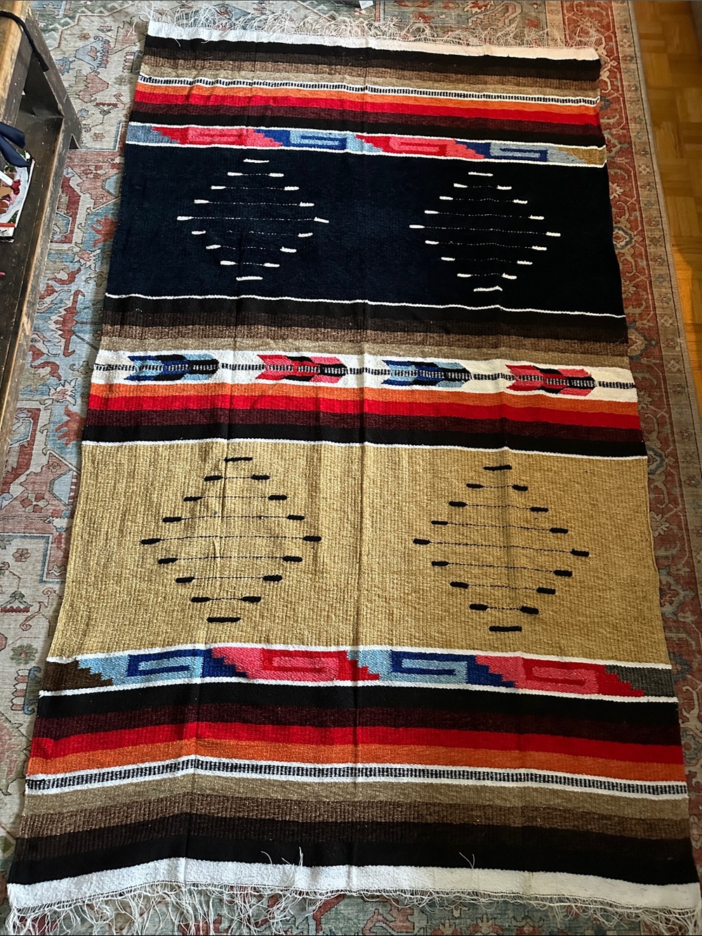 Southwestern-Pattern Woven Throw Blanket in Black, Tan & Red